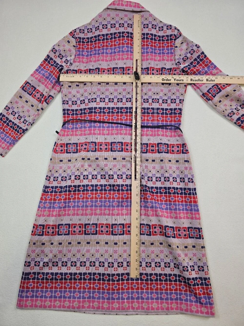 Vintage 60s 70s Kay Windsor Long-Sleeve Belted Geometric Pattern Dress S/M - Picture 4 of 4